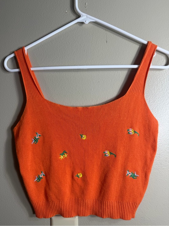 Cider Sweaters - Cider Orange Floral Embroidered Lightweight Knit Sweater Tank Large